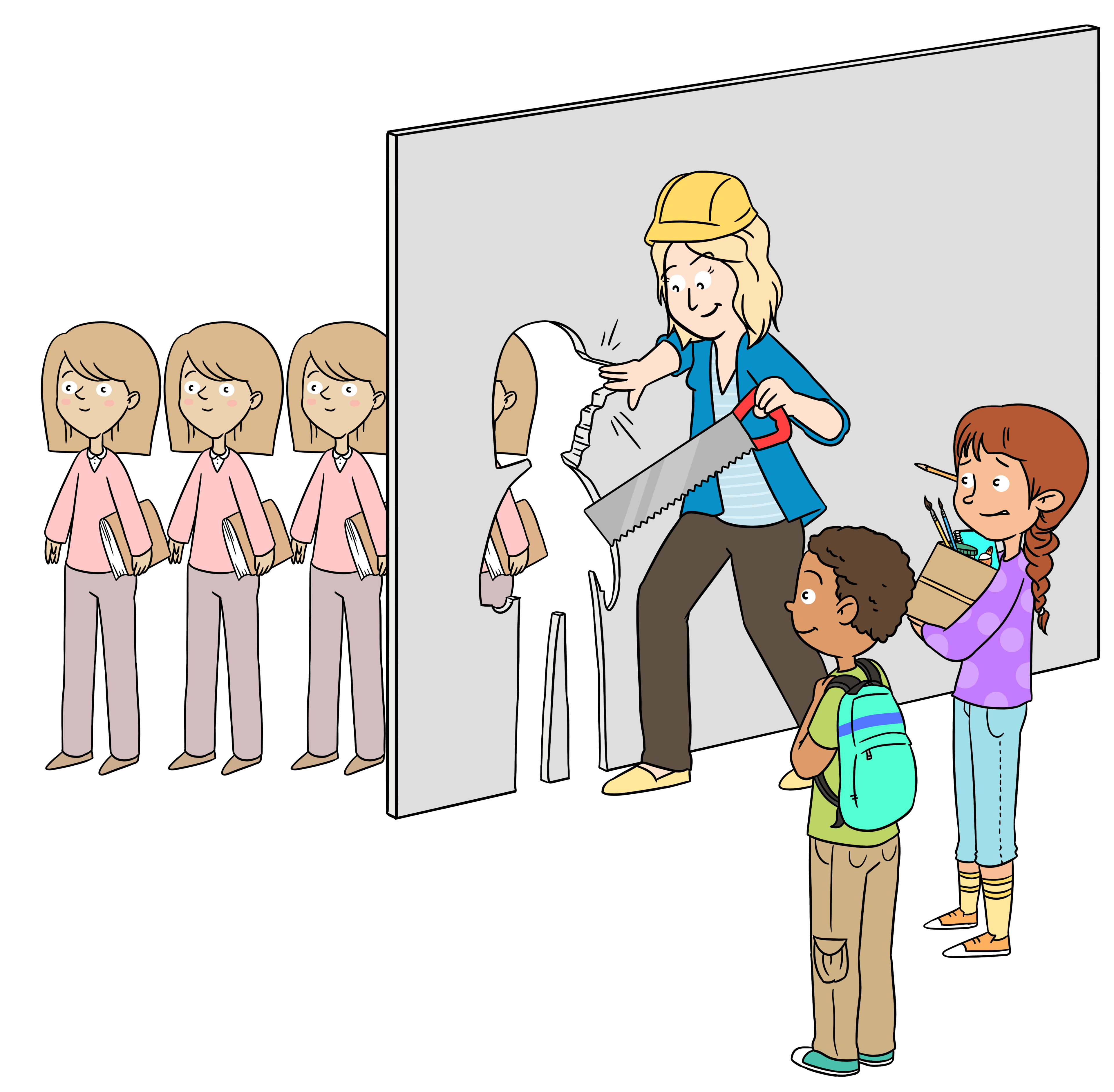 Lærer som sager ut en unik form fra en mur; symbol på tilpasset opplæring.