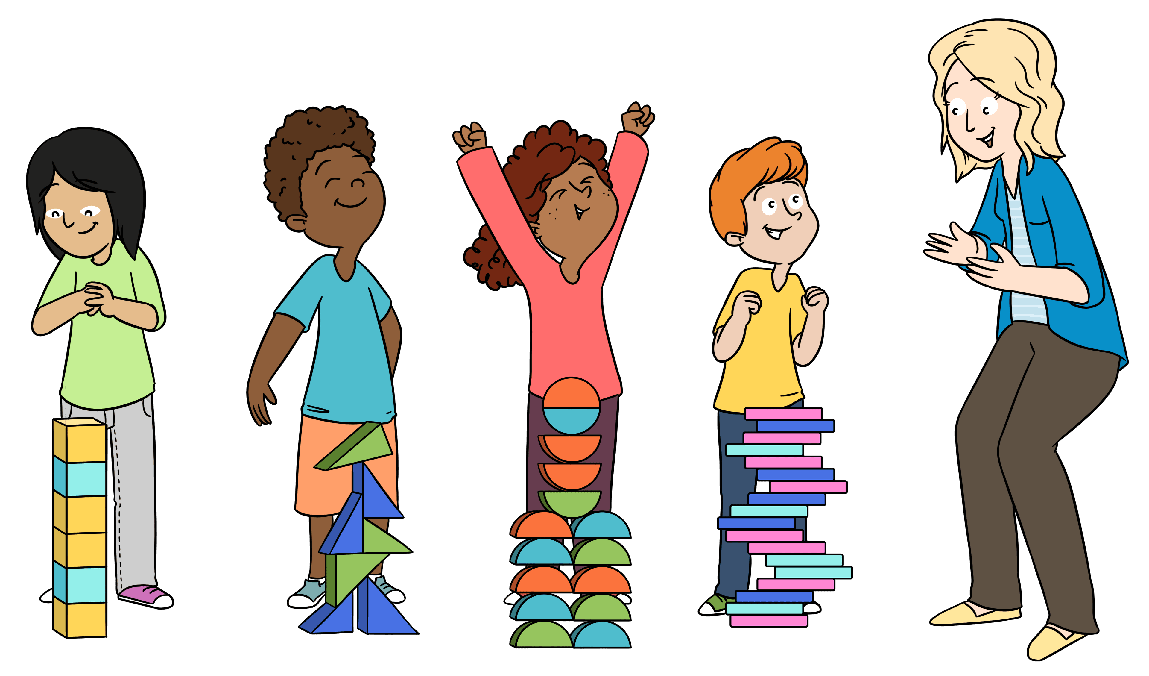 Barn som bygger med klosser, med voksen som oppmuntrer.