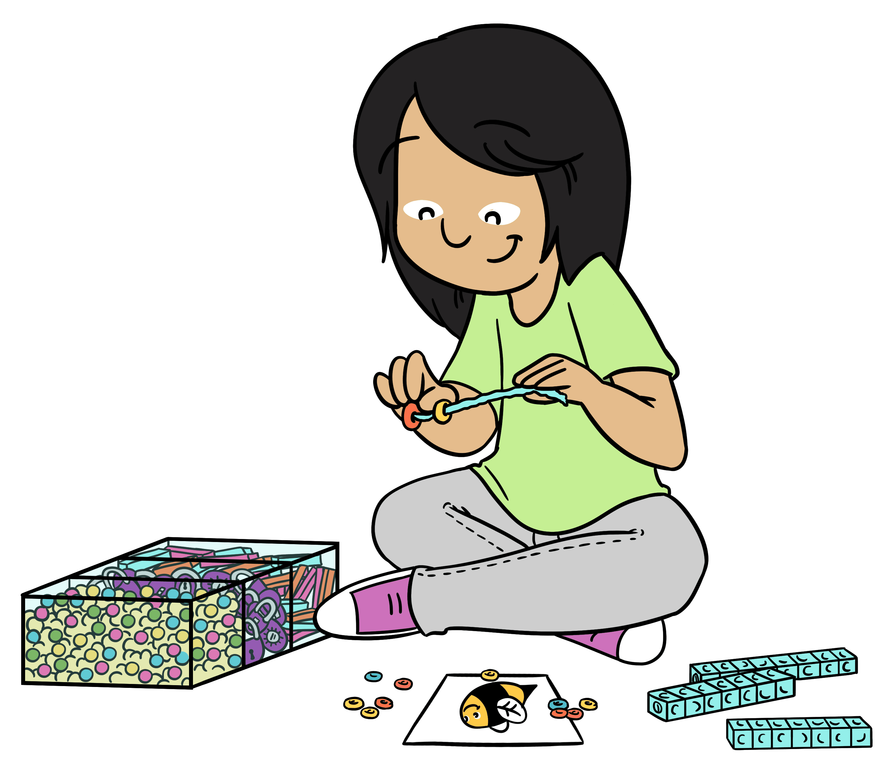 Barn som trår perler på en snor, omgitt av tegning og byggeklosser.