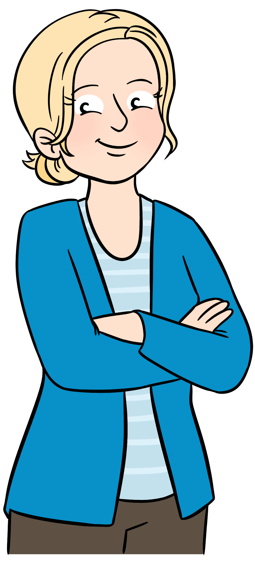 Vennlig kvinne med korslagte armer og blå cardigan, illustrasjon.