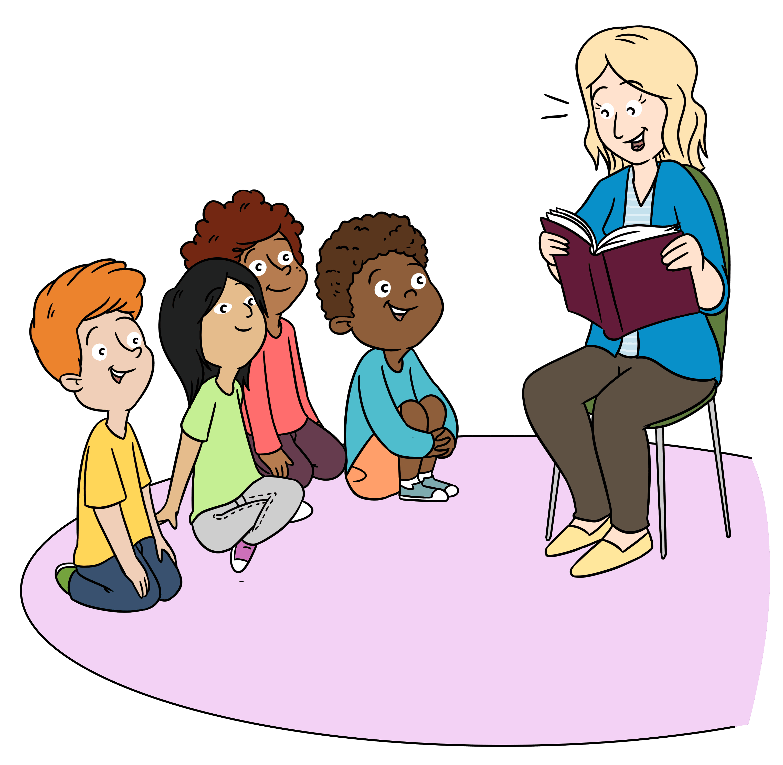 Lærer som leser høyt for barn som sitter på gulvet og lytter.